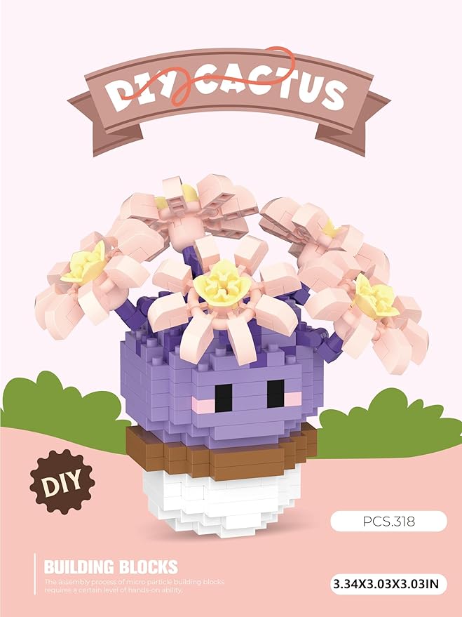 Purple Peony Star Mini Cute Cactus Succulent Plants Bonsai Building Toy Potted Plant Blocks Particle Flower Botanical