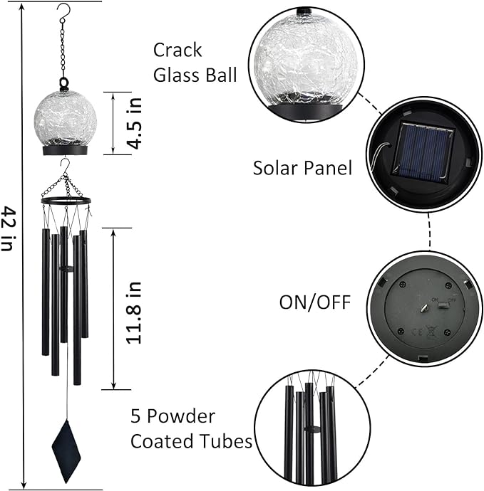 Wind Chimes Outdoor Solar Lights, 42 Inch Large Sympathy Chime 15 Cool White LEDs Crackled Glass Ball Birthday Gifts for Women Decorative Hanging in Garden, Yard, Patio, Landscape