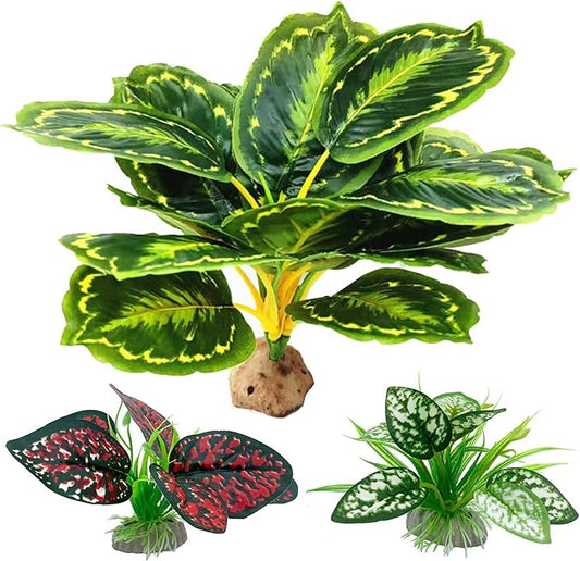 Reptile Artificial Plants, Terrarium Plants Decorations Supplies, Aquarium Fish Tank Plant, Amphibian Habitat Hideout Tank Accessories(L Set-3pcs/C)
