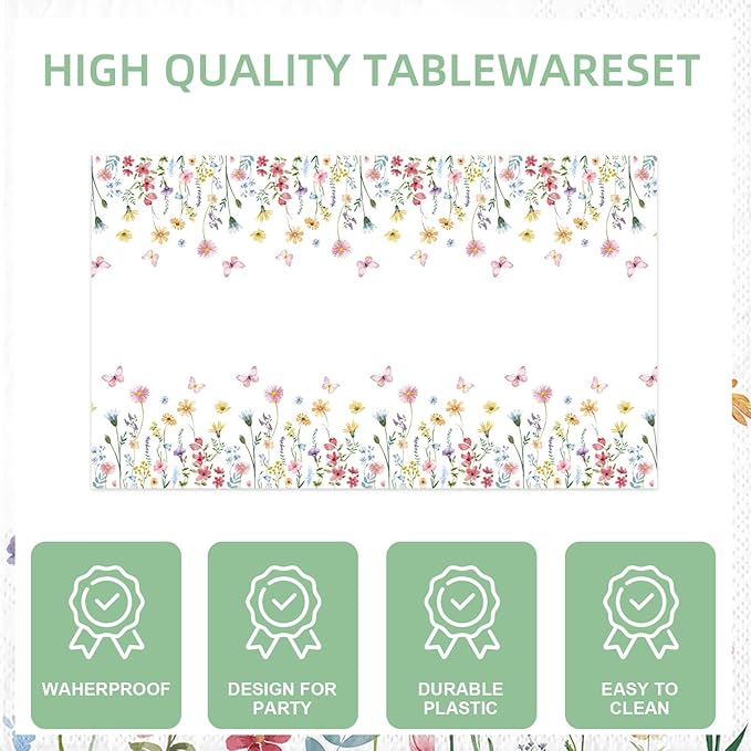 141Pcs Wildflower Party Decorations Spring Floral Birthday Decorations for 20 Guests - Tableware Plates and Napkins Forks Cups Straws Tablecloch for Baby Shower Party Decorations