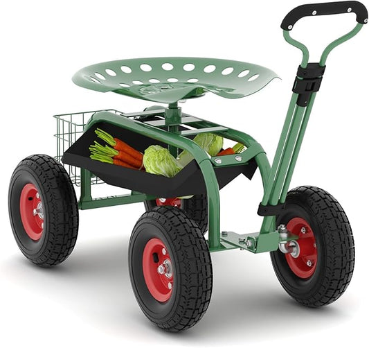 Garden Rolling Stool with Wheels – Outdoor Garden Chair for Patio and Lawn - 360° Swivel Seat Gardening Cart with Tool Tray & Steering Handle for Easy Planting and Yard Work