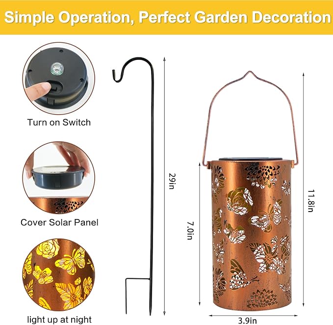 4 Pack Solar Lanterns Outdoor Waterproof Butterfly Birthday Gifts for Women Mom Grandma Garden Decor Flower Metal Hanging LED Decorative Light for Patio Yard Lawn Backyard Front Porch Gardening Gifts
