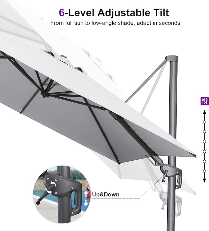 PURPLE LEAF 8' X 8' Swivel Outdoor Patio Aluminum Umbrella with Base Left-right Tilting Cantilever Offset Umbrella with UV Resistant Heavy Duty Fabric for Deck Pool Patio Backyard, Pebble Grey