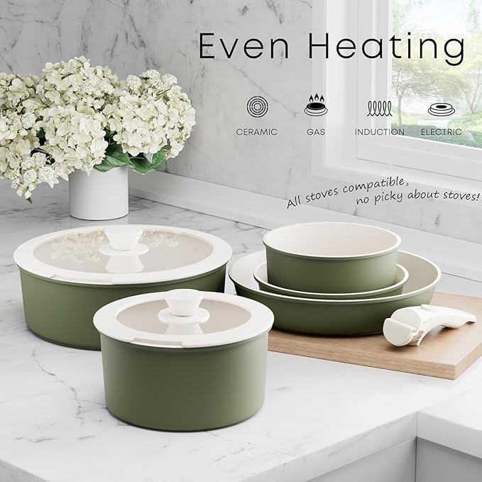 Caannasweis Detachable Nonstick Cookware Set - Stackable Induction Pots and Pans With Removable Handles, Dishwasher Safe - For RV Camping, Oven and Stovetop Use, 5 Pieces (Green)