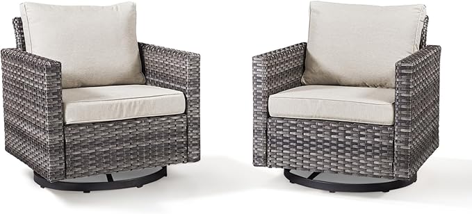 Wicker Swivel Rocker Patio Chairs-High Back Outdoor Swivel Chairs Set of 2 with Thickened Cushions Wide Armrest All Weather Patio Furniture Set for Deck Porch Balcony(Grey/Beige)