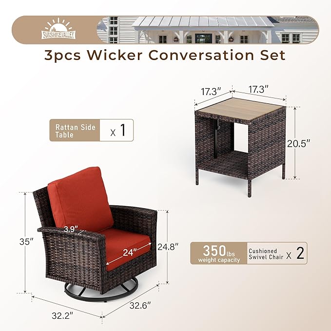 Patio Wicker Swivel Chairs Set of 2, Outdoor High Back Chairs with 5.5" Waterproof Cushions and Side Table, Outdoor Furniture Set for Deck Porch and Yard, Peacock Blue