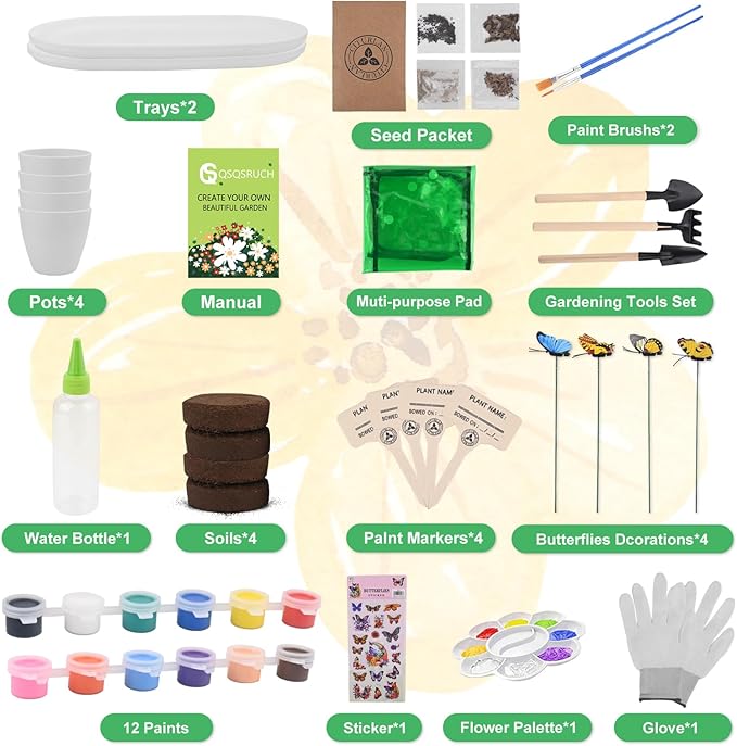 QSQSRUCH 4 Set Painting & Plant Flower Garden Kit, Arts and Crafts Kits for Kids Ages 4-8,Girls Gifts 8-10, Garden Set for Kids 8-12,Girls Toys Age 6-8, Gift for 4 5 6 7 8 9 10+ Year Old Girl