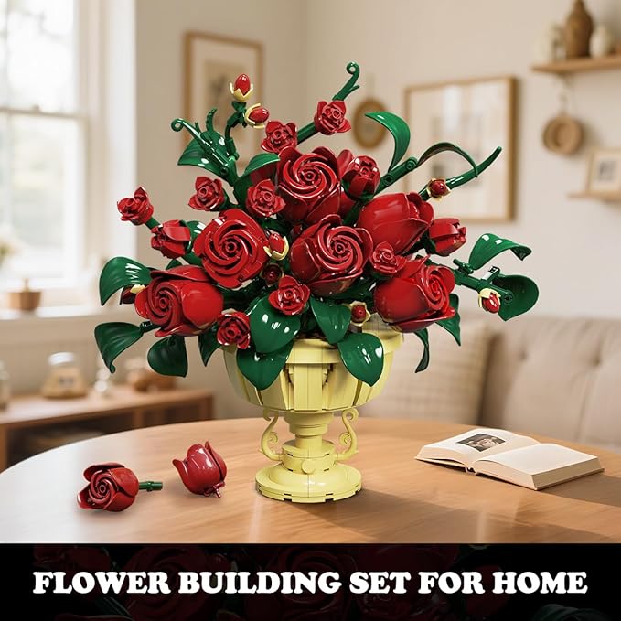 Rose Flower Building Set, 969 PCS Botanicals Flowers Bouquet Building Block Kit with Pot, Artificial Bonsai Plant Collection Office Home Decor, Birthday Gift for Adults Women Boys Girls 12+