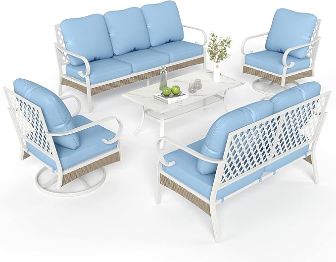 5 Piece Patio Furniture Set, 2 x Swivel Chair, 1 x 2-Seat Sofa, 1 x 3-Seat Sofa with Marbling Coffee Table, All Cushioned 7 Seats Outdoor Conversation Set for Lawn Garden Backyard, Blue