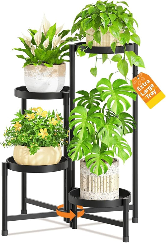 LASZOLA 4 Tiered Folding Plant Stand Indoor for Multiple Large Planter, Tall Heavy Duty Adjustable Rack with Rust Proof 10 Inch Wide Tray, Sturdy Vertical Tree Organizer for Narrow Inside Floor, Black