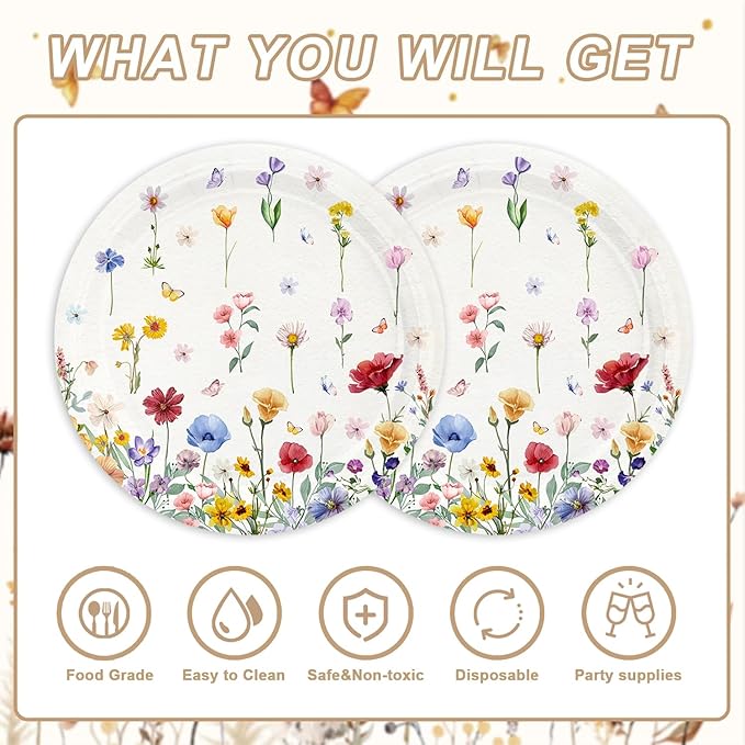 40Pcs Wildflower Party Supplies for 20 Guests - Floral Tableware Plates and Napkins for Kids Baby Shower Fresh Wildflower Dinnerware Birthday Party Decorations