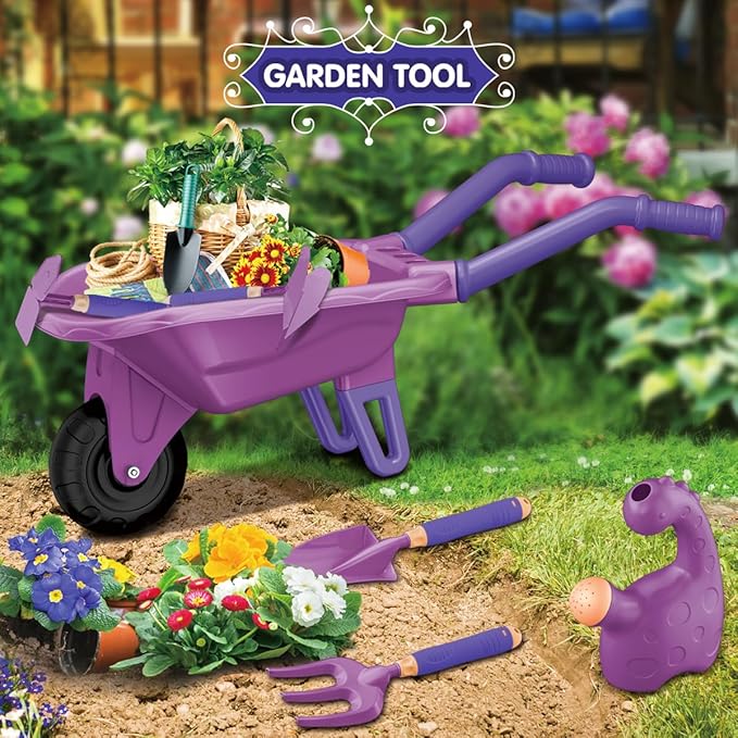 15 PCS Kids Gardening Tool Set for Girls Boys, Toddler Gardening Tools Set with Wheelbarrow, Flower Pot, Storage Bag, Rake, Fork, Shovel, Apron, Outdoor Garden Tool Play Set for Kids