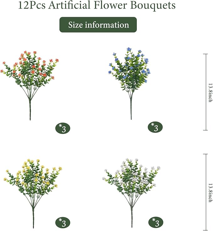 Artificial Flowers Outdoors, 12 Bundles Fake Flowers UV-Anti for Decoration Faux Plastic Plants Garden Porch Window Box Décor,YellowBlueWhiteOrange