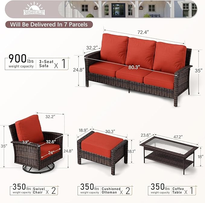 6 Piece Patio Furniture Set with Swivel Chairs, High Back Wicker Rattan Sofa with Extra Thick Cushion, Coffee Table and Ottoman, Outdoor Conversation Set for Backyard Deck,Red
