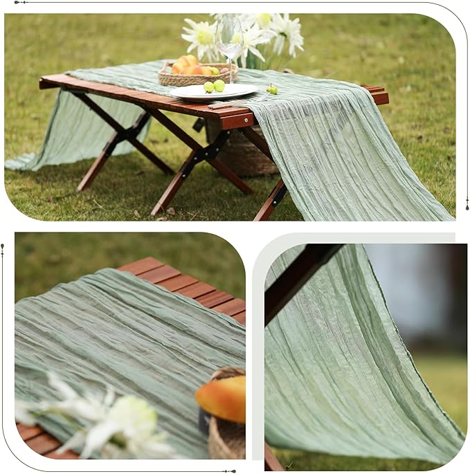 Le courant 10Ft Cheesecloth Table Runner, Rustic Boho Gauze Cheese Cloth Runner Table Runner for Weddings Bridal Baby Shower Birthday Holiday Parties Home Decor, Sage Green