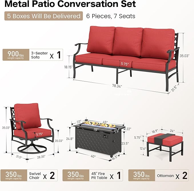 6 Piece Metal Outdoor Patio Furniture Set with Firepit Table, Patio Conversation Set 1 3-Seater Sofa, 2 Swivel Chair, 2 Ottoman with 5.75" Thick Cushion, Black Backyard Furniture, Red