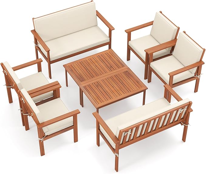 Tangkula Acacia Wood Patio Conversation Set, Outdoor Wooden Cushioned Chairs & Slatted Coffee Table Set,for Backyard, Porch, Balcony, Poolside and Lawn (Off White,2)