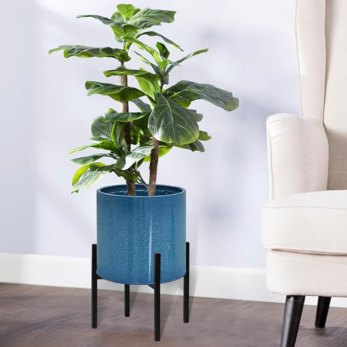 ARNIS Modern Plant Pots, Set of 2 Large Planters with Stand, Decorative Planters, Metal Pots with Drainage Holes for Living Room, Office, Garden or Balcony, 8.25 &10.5 Inch, Blue