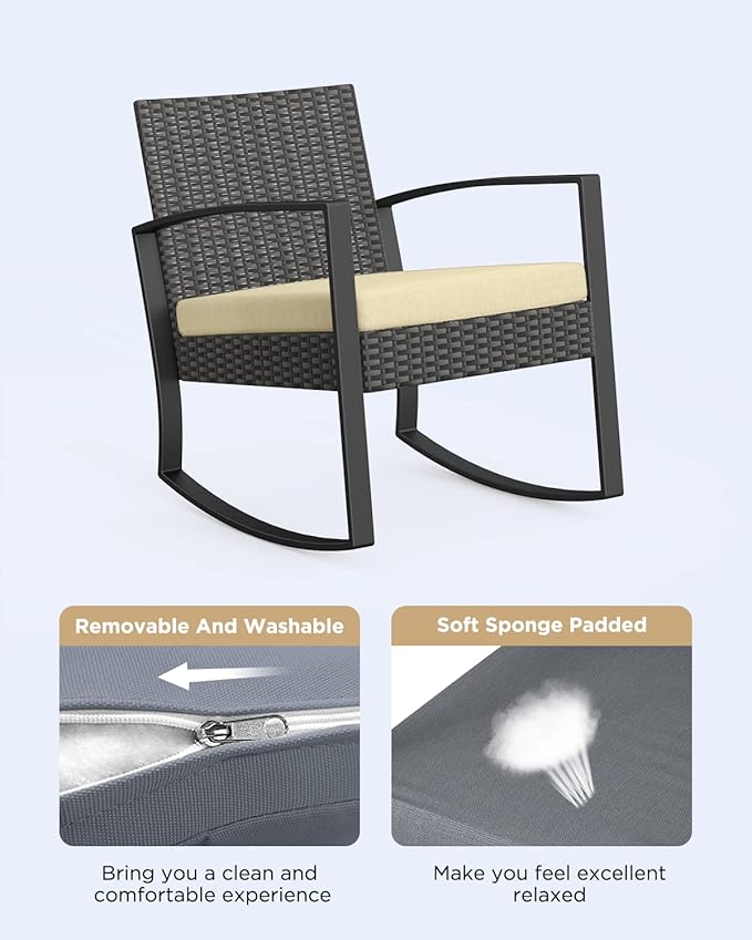 3 Pieces Porch Furniture Set Patio Rocking Bistro Set Outdoor Patio Chairs Rattan Conversation Sets with Coffee Table for Front Porch Garden Balcony Backyard Poolside (Beige Cushion)