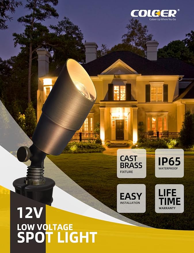 COLOER Brass Landscape Spotlights, 12 Pack Spot Lights Outdoor with 5W Aluminum Housing MR16 LED Bulb 2700K 450LM, 12V AC/DC Low Voltage Outdoor Lighting for Yard, Uplight for Garden and Patio(101B)