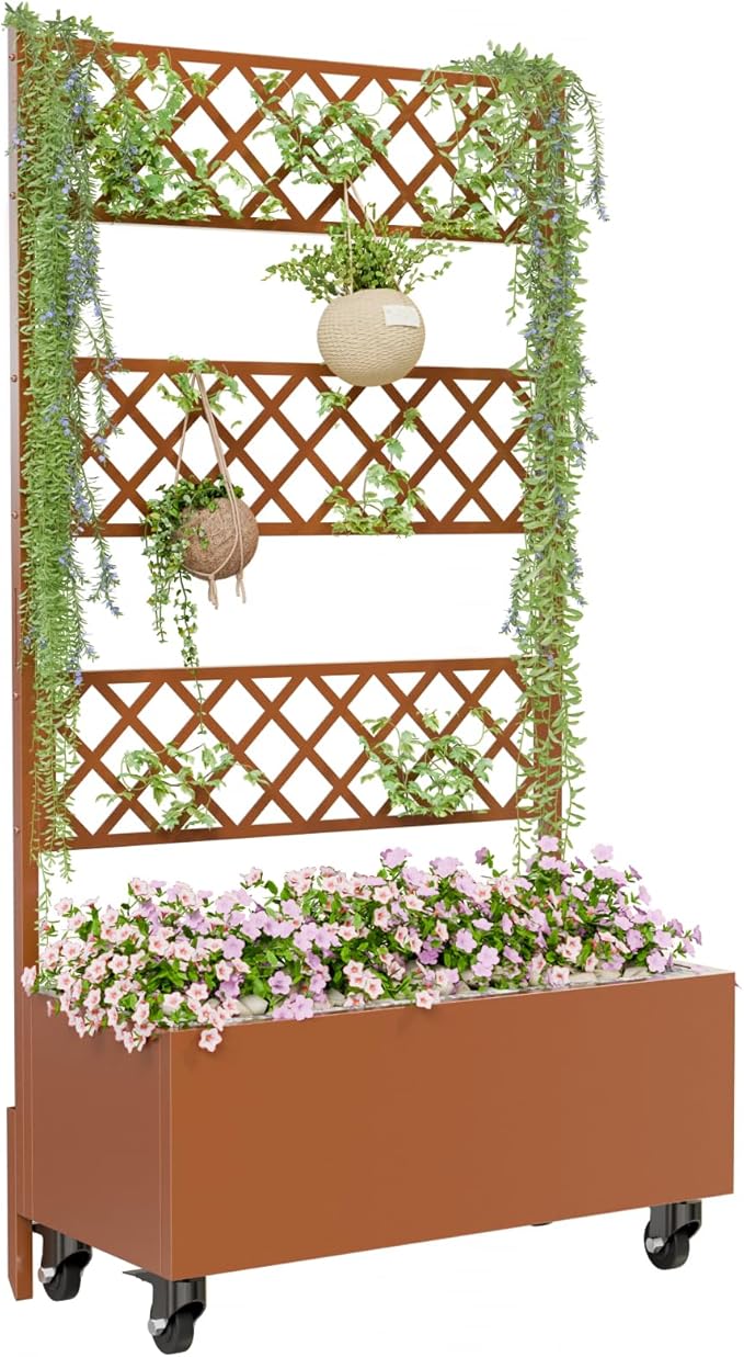 Kinchox Metal Raised Garden Bed with Trellis Outdoor Metal Planter Box with Planting Pockets Garden Box for Climbing Plants Privacy Planters for Patio