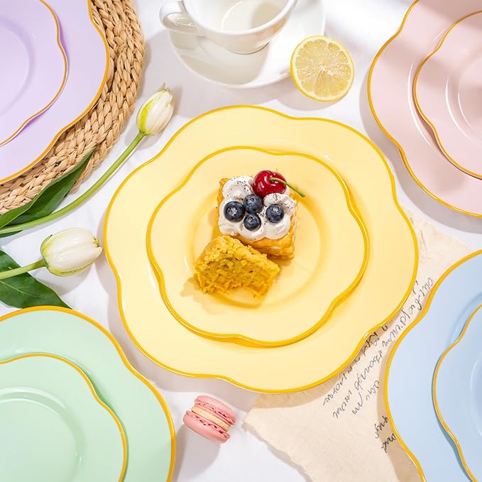 Liacere 50PCS Yellow Plastic Plates - Heavy Duty Disposable -Yellow and Gold Include 25PCS 7inch and 25PCS 10inch Plates for Mother's Day & Baby Shower