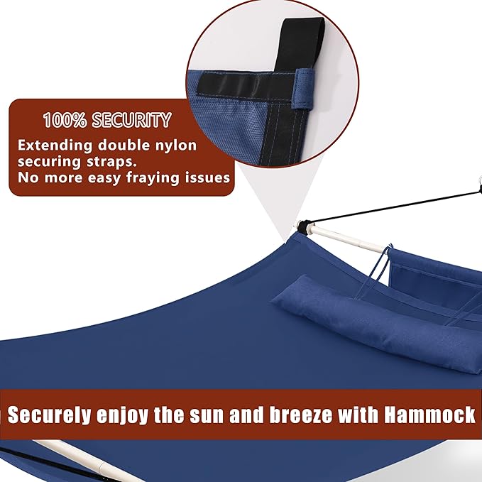 TegerDeger Anti-flip 12FT Hammock Large Hammock 450LB Capacity with Iron Spreader Bar & Nylon Rope for Outside, Patio, Garden, Backyard, Beach - Blue