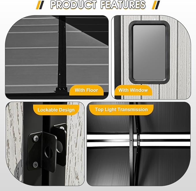 8 x 6 FT Resin Outdoor Storage Shed, All-Weather Plastic Garden Shed with Floor, Lockable Doors & Windows, Plastic Tool Shed for Poolside, Backyard, Patio