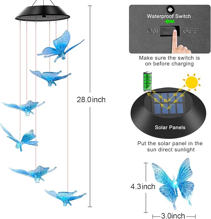 Blue Butterfly Solar Wind Chimes Color Changing Lights Outdoor, Best Gifts for Mom Grandma Women Wife Aunt Daughter Sister, Unique Mobile Wind Chime, Gardening Yard Decorations
