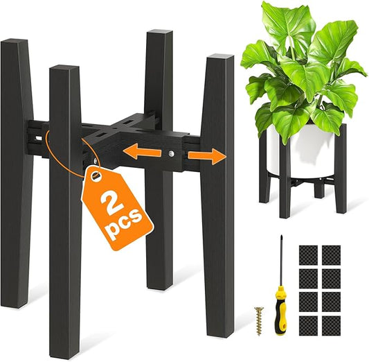 LASZOLA Bamboo Adjustable Plant Stand for Single Large Indoor Planters, Heavy Duty Floor Fern Holder Fits 8 to 12 Inch Pots, Mid Century Elevated Big Stool for Flower– Pot Not Included, Black, 2 Pack