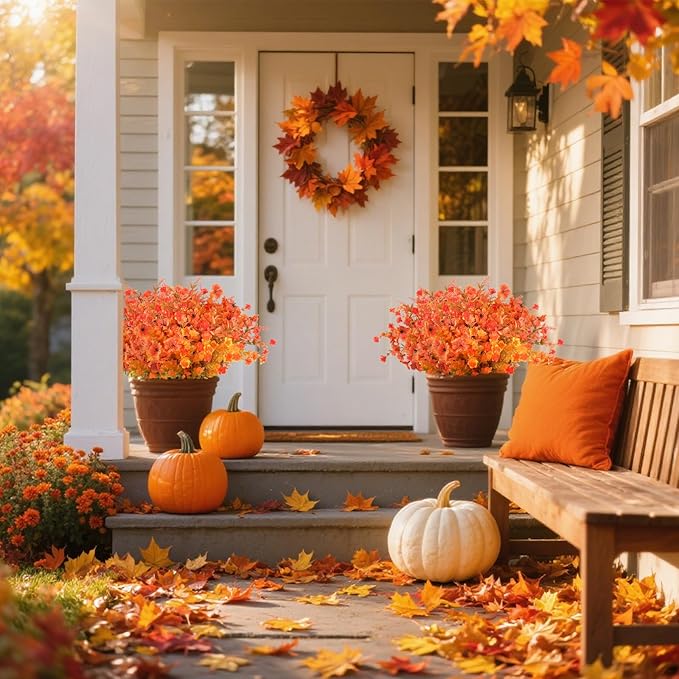 AmyHomie 16 Bundles Mix Orange Artificial Fall Flowers for Outdoor Fall Decor UV Resistant Fake Mums No Fade Fake Plastic Plants Garden Porch Window Box Decorating