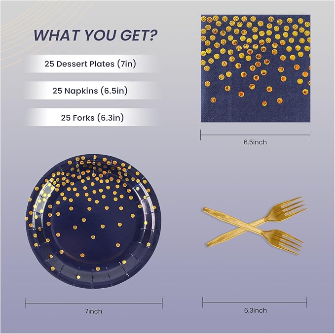 75PCS Paper Plates and Napkins Set - Dark Blue and Gold Dot Disposable Party Dinnerware Includes Paper Plates, Napkins, Forks Decorations for Birthdays, Graduations, Weddings and Holidays, Serves 25