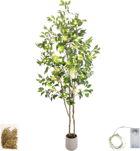 Artificial Fake Ficus Tree 7FT Tall 1Pack with String Lights & White Planter & Free Moss, Artificial Plants Indoor, Artificial Trees for Home Decor Indoor, Faux Ficus Tree