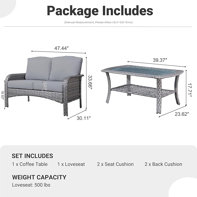 ovios 2 Pieces Patio Furniture Set, Outdoor Wicker Sofa with Glass Coffee Table, All Weather High Back Rattan Loveseat Couch 2 Seats with Comfy Cushions, Dark Grey