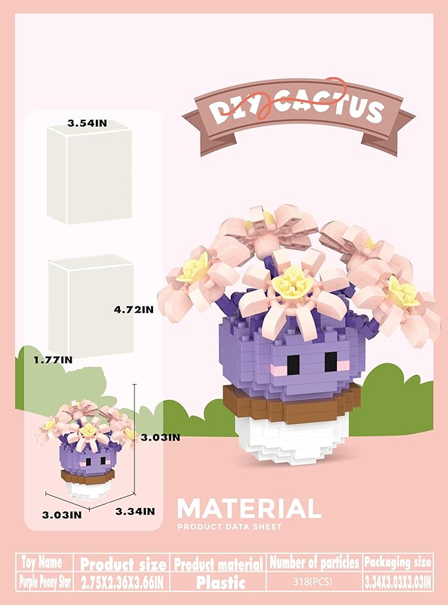 Purple Peony Star Mini Cute Cactus Succulent Plants Bonsai Building Toy Potted Plant Blocks Particle Flower Botanical