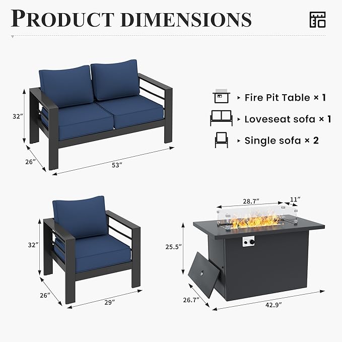 Patio Furniture Set with Fire Pit Table, Aluminum Patio Furniture Set,Grey and Blue Outdoor Metal Sectional Sofa with Aluminum Fire Pit Table for Garden Backyard (Include Waterproof Cover)