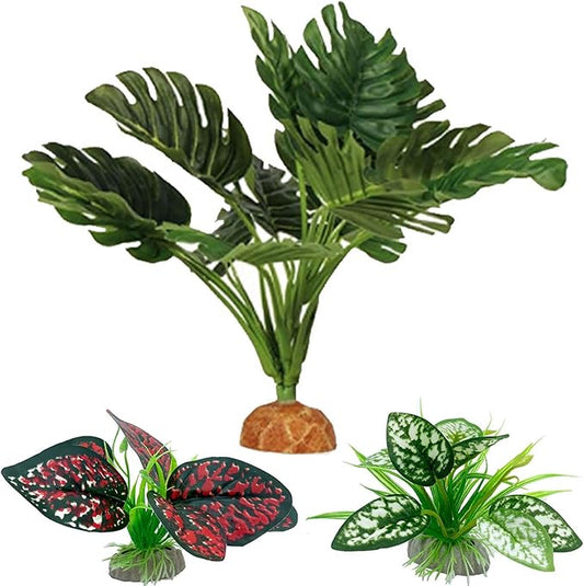 Reptile Artificial Plants, Terrarium Plants Decorations Supplies, Aquarium Fish Tank Plant, Amphibian Habitat Hideout Tank Accessories(L Set-3pcs/A)
