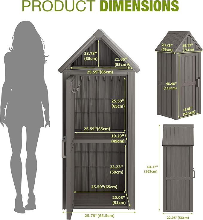 Outdoor Storage Shed – Durable Resin with Sloping Roof and Lockable Door, Waterproof Storage Cabinet with Ample Space, Multiple Hooks for Backyard, Garden, Patio & Lawn Grey