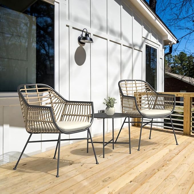 Grand patio 3-Piece Patio Furniture Set, Outdoor Wicker Patio Conversation Seating Chair with Cushions and Coffee Table, Boho Seating Chat Set for Indoor Outdoor, Balcony, Porch, Garden, Deck