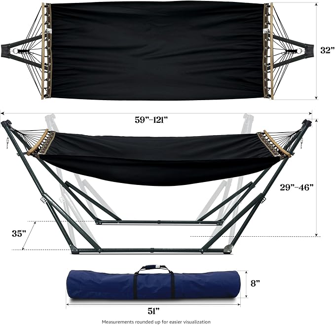 Tranquillo Universal Hammock with Stands Electro Static Coated Steel, Adjustable Foldable Hammock Stand with 2 Layered Polyester Net and Carry Bag for 2 Persons (Canvas - Black)