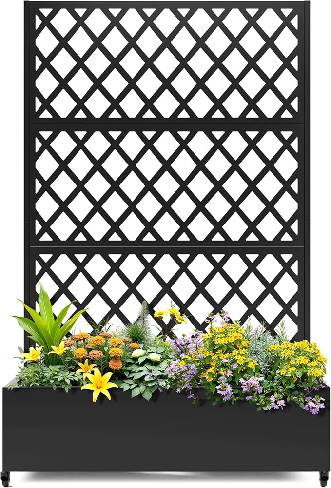 Metal Planter Box with Trellis, Planter Box with Privacy Screen, Privacy Trellis Outdoor for Climbing Plants with Drainage Holes, Raised Garden Bed with Wheels
