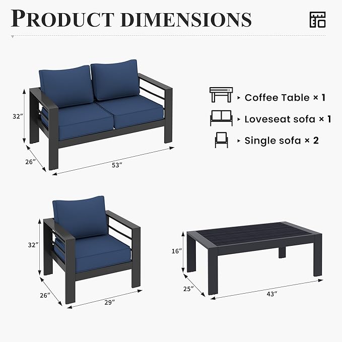 Aluminum Patio Furniture,Outdoor Metal Sectional Sofa with Table and Waterproof Covers,Grey and Blue Modern Patio Furniture Set for Garden Backyard (5-Piece)