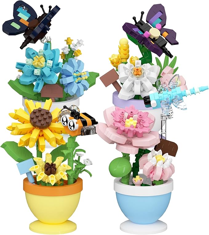 4 Set Mini Flower Cute Insects Potted Plant Bonsai Building Toy Blocks Particle Set Small Flowers Botanical