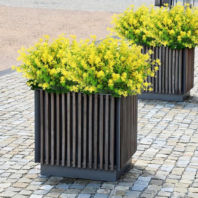 RECUTMS Spring Greenery 10 Bundles Artificial Fake Flowers, Artificial Boxwood Plants,Faux Outdoor Plastic Plants UV Resistant Shrubs Fake Outdoor Plants Outside Indoor Decorations(Yellow)