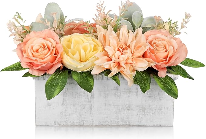 DILATATA Flower Arrangement with Wooden Vase 10" Artificial Flowers in Pot - Fake Flowers in White Rectangular Wooden Vase Potted Faux Flower Centerpieces for Table Decor Living Room - Orange