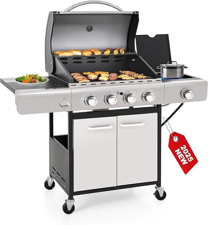GREEN PARTY 4 Burner BBQ Propane Gas Grill with Side Burner & Porcelain-Enameled Cast Iron Grates, 545 SQIN Grilling Area 42,000 BTUs Barbecue Grill for Outdoor Cooking Garden Patio Backyard, Silver