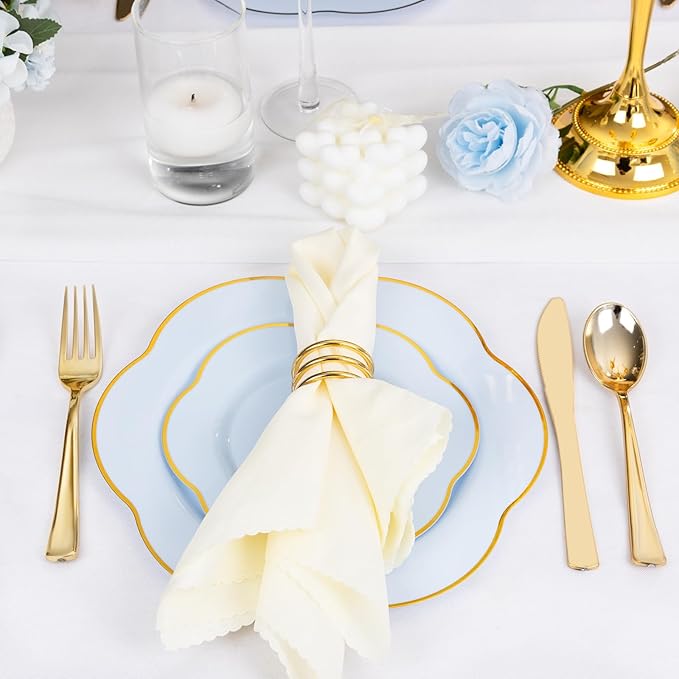Liacere 50PCS Blue Plastic Plates - Heavy Duty Ice Blue Disposable Plates - Blue and Gold Plastic Plates Include 25PCS Blue Dinner Plates, 25PCS Blue Dessert Plates for Baby Shower Gifts