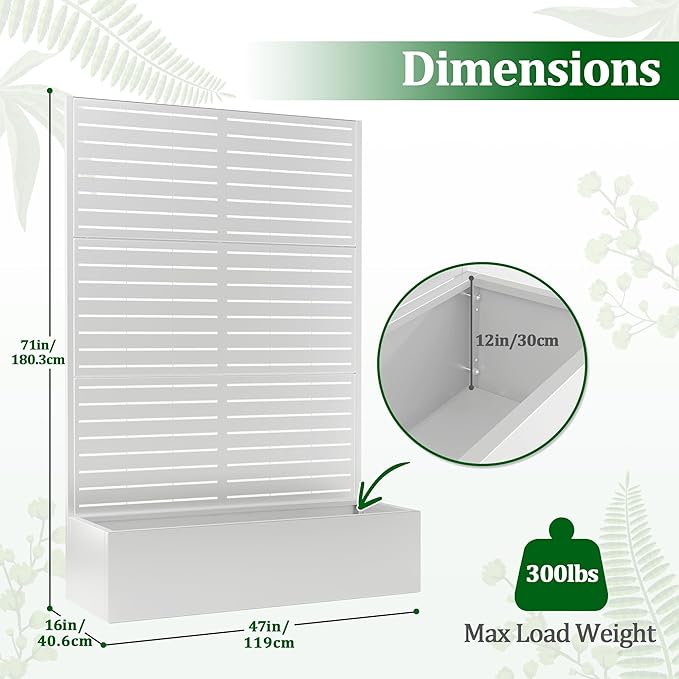 Metal Raised Garden Bed with Trellis, 2 in 1 Trellis with Planter Box & Privacy Screen for Climbing Plants, Vine, Outdoor Standing Flower Beds with Drainage Holes, 47" L x 16" W x 71" H, White