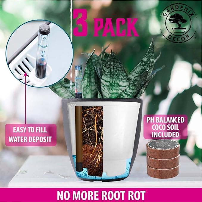 GARDENIX DECOR 7'' Self Watering planters for Indoor Plants - with Water Level Indicator for Flower Pot , Grow Tracking Tool - Coco Coir - Gray 3 Pack
