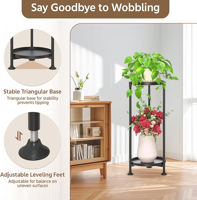 LASZOLA 2 Tier Black Plant Stand Indoor for Large Tall Heavy Duty Flower Planter, Metal Vertical Multi Level Rack for Narrow Floor Corner, Sturdy Round Holder Organizer, Modern, Mid Century, Farmhouse